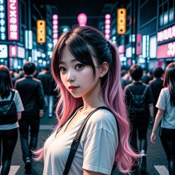45 Steps; Prompt: "professional photo, young woman in the streets, vibrant lights, tokyo night life, 4k, 80mm, realistic person"