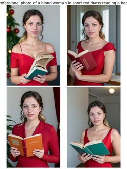 Prompt: professional photo of a blond woman in short red dress reading a book