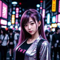 25 Steps; Prompt: "professional photo, young woman in the streets, vibrant lights, tokyo night life, 4k, 80mm, realistic person"