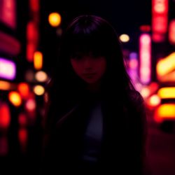 3 Steps; Prompt: "professional photo, young woman in the streets, vibrant lights, tokyo night life, 4k, 80mm, realistic person"