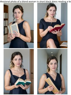 Prompt: professional photo of a blond woman in short black dress reading a book