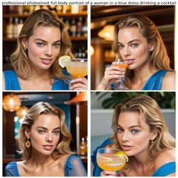 Generated image of Margot Robbie in a blue dress drinking a cocktail
