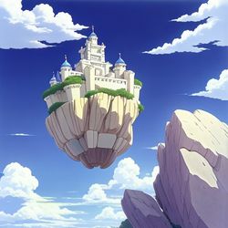 10 Steps; Prompt: "a white castle, floating boulder in the sky, studio ghibli"