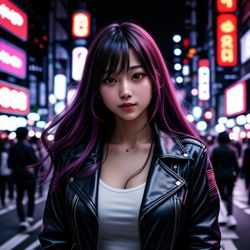 10 Steps; Prompt: "professional photo, young woman in the streets, vibrant lights, tokyo night life, 4k, 80mm, realistic person"