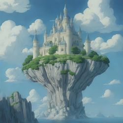 4 Steps; Prompt: "a white castle, floating boulder in the sky, studio ghibli"