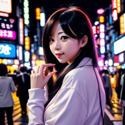 10 Steps; Prompt: "professional photo, young woman in the streets, vibrant lights, tokyo night life, 4k, 80mm, realistic person"