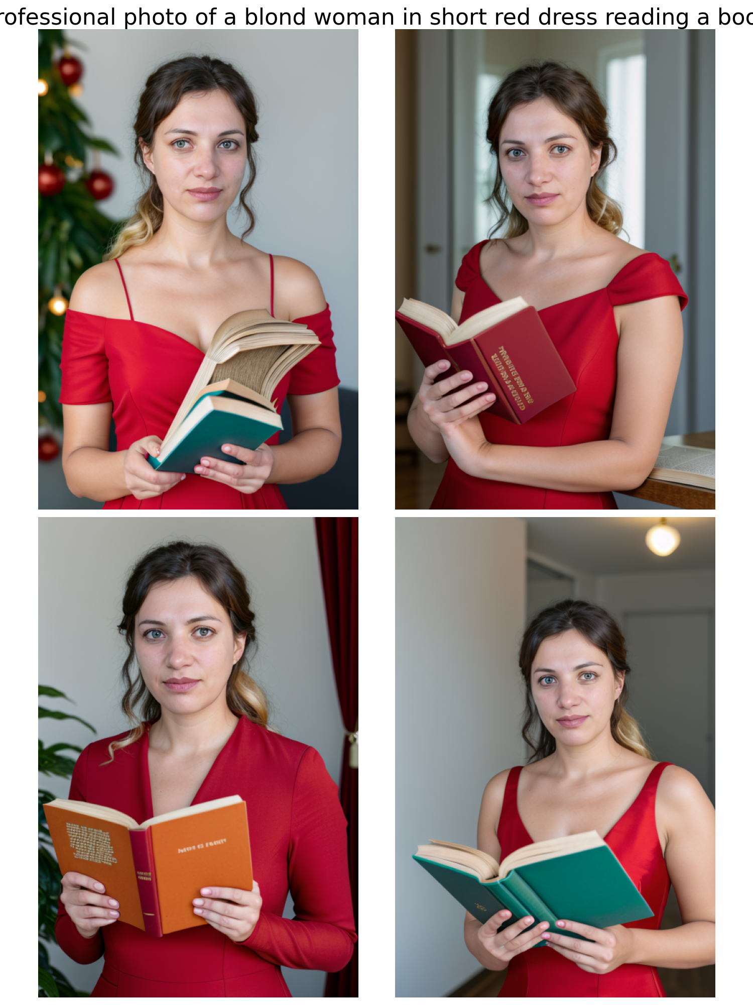 Prompt: professional photo of a blond woman in short red dress reading a book