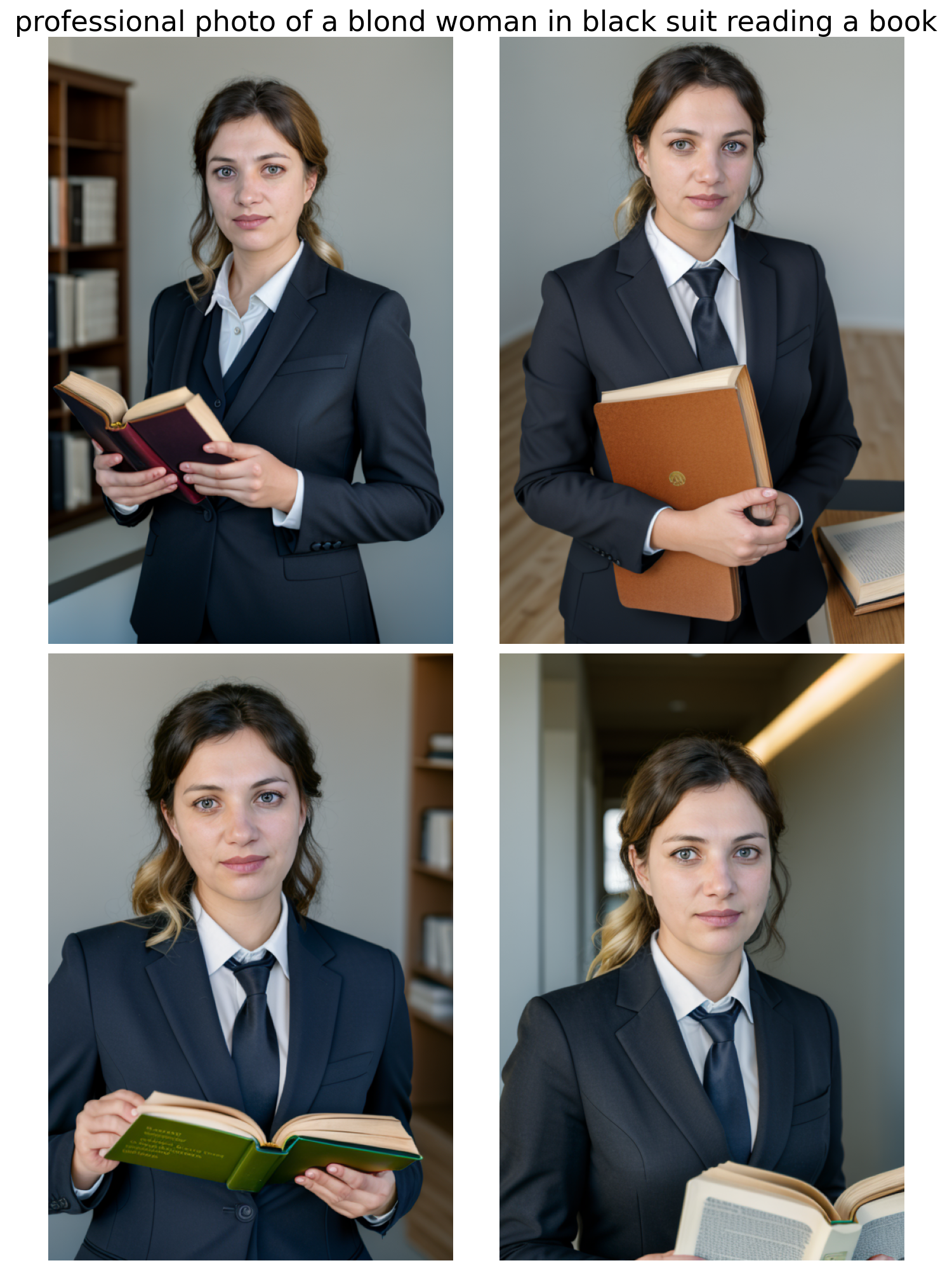 Prompt: professional photo of a blond woman in black suit reading a book