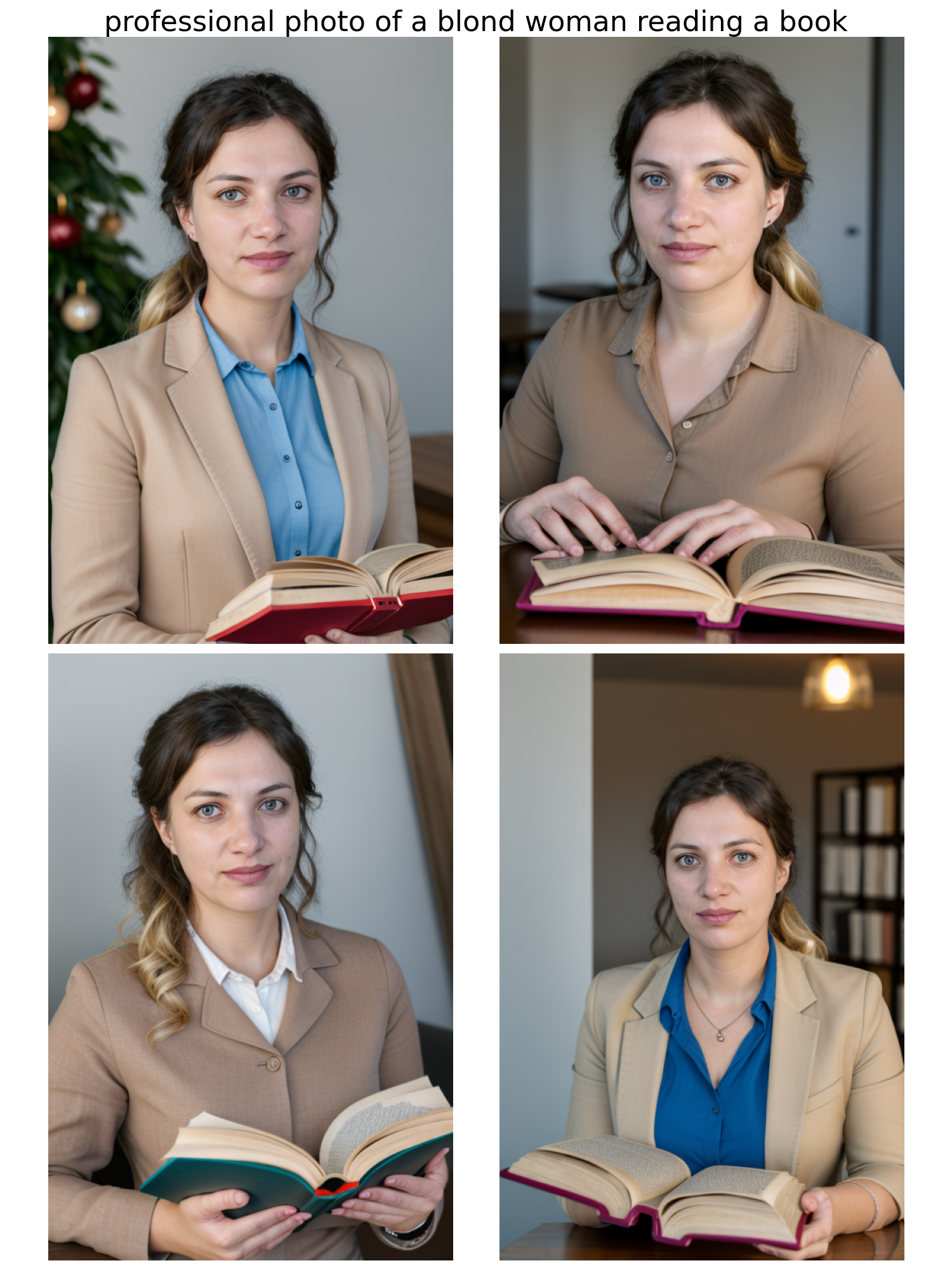 Prompt: professional photo of a blond woman reading a book